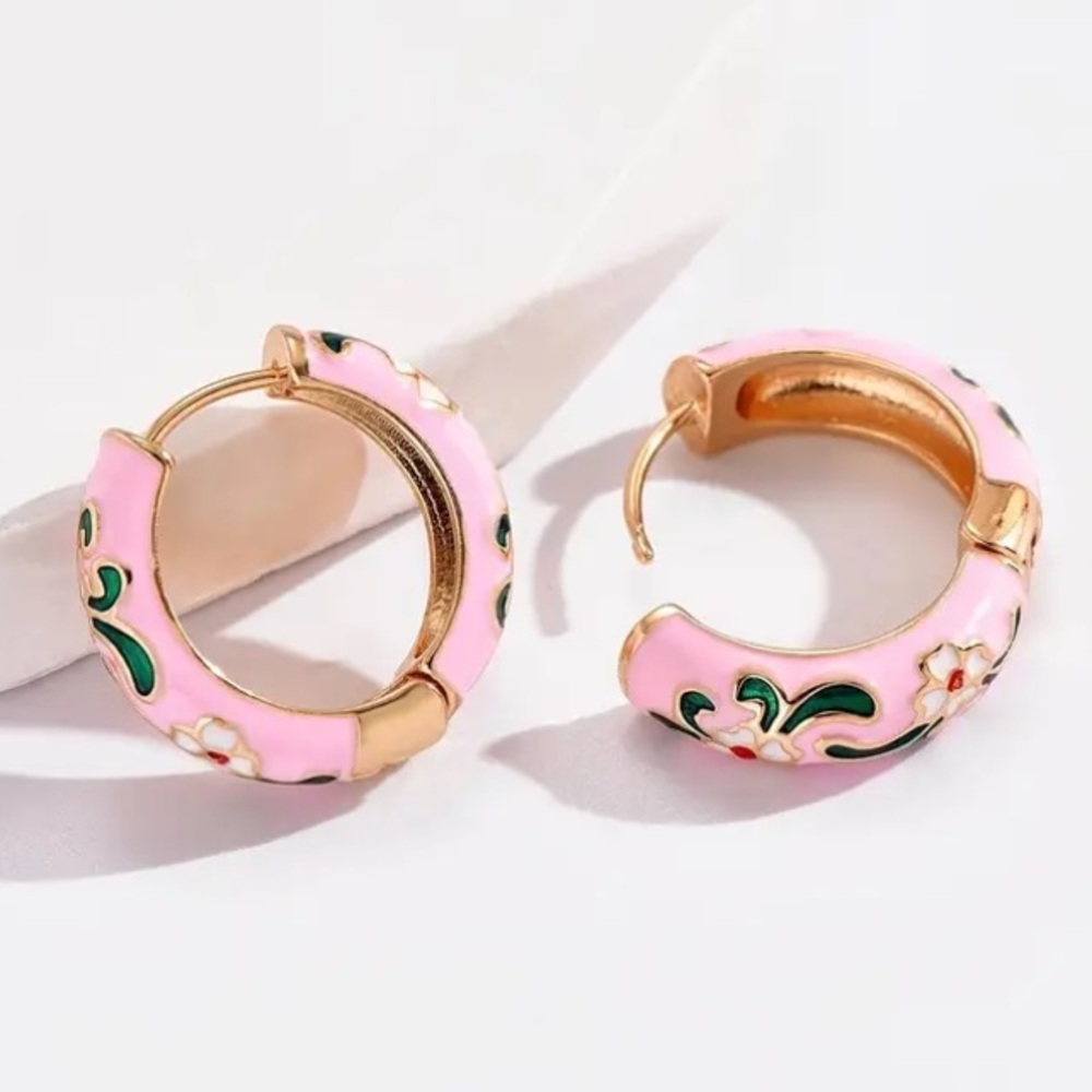 White Flower Pink Enamel Gold Toned Hoop Earrings - Picture 2 of 6
